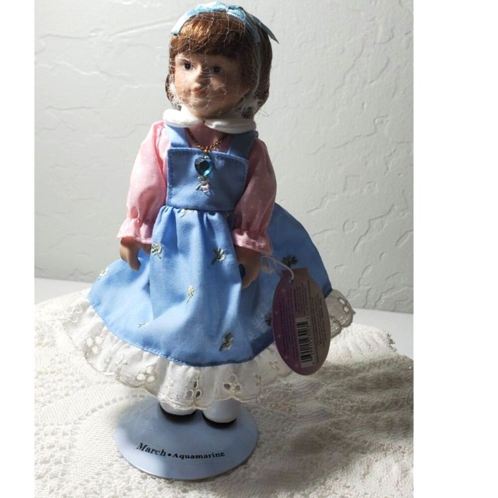 Vintage RUSS March Aquamarine Porcelain Doll of the Month 7.5 Inch w/ Stand